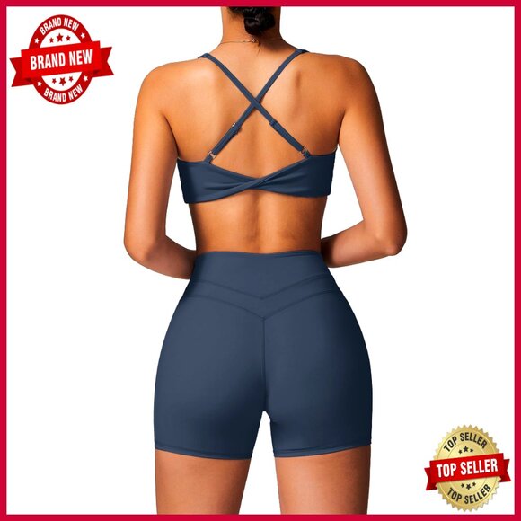 V-Neck Twist Back Sports Bra High Waist Biker Shorts Workout Set